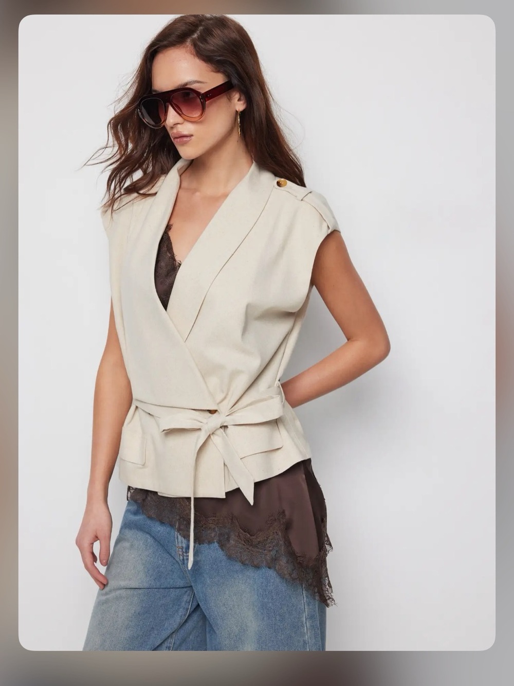 Cider LINEN-BLEND V-NECK WRAP BELTED OVERSIZED BLAZER VEST L WC9-6 - Picture 3 of 8